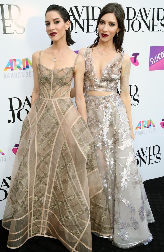 The Veronicas (Jess and Lisa Origliasso) pictured arriving on the red carpet at the 2015 ARIA Awards held at The Star in Pyrmont, Sydney. Picture: Richard Dobson