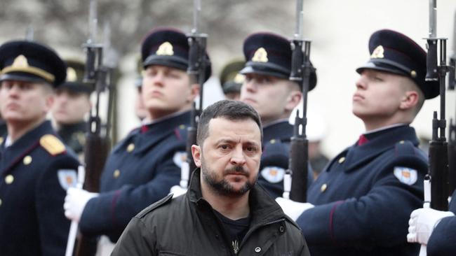 Ukraine's President Volodymyr Zelensky inspects a military honour guard at the Presidential Palace in Vilnius, Lithuania, on January 10. Picture: AFP