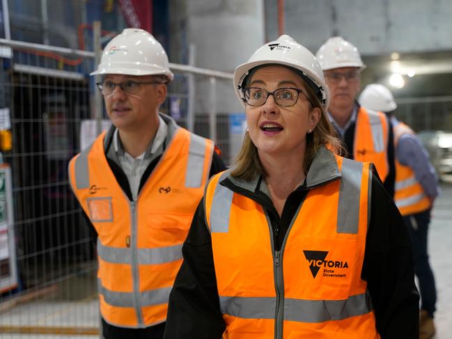 MELBOURNE,AUSTRALIA-NewsWire Photos 7 APRIL, 2024:. Premier Jacinta Allan and Minister for Transport Infrastructure Danny Pearson to doorstop at State Library Station Construction Site. Picture: NCA NewsWire / Valeriu Campan