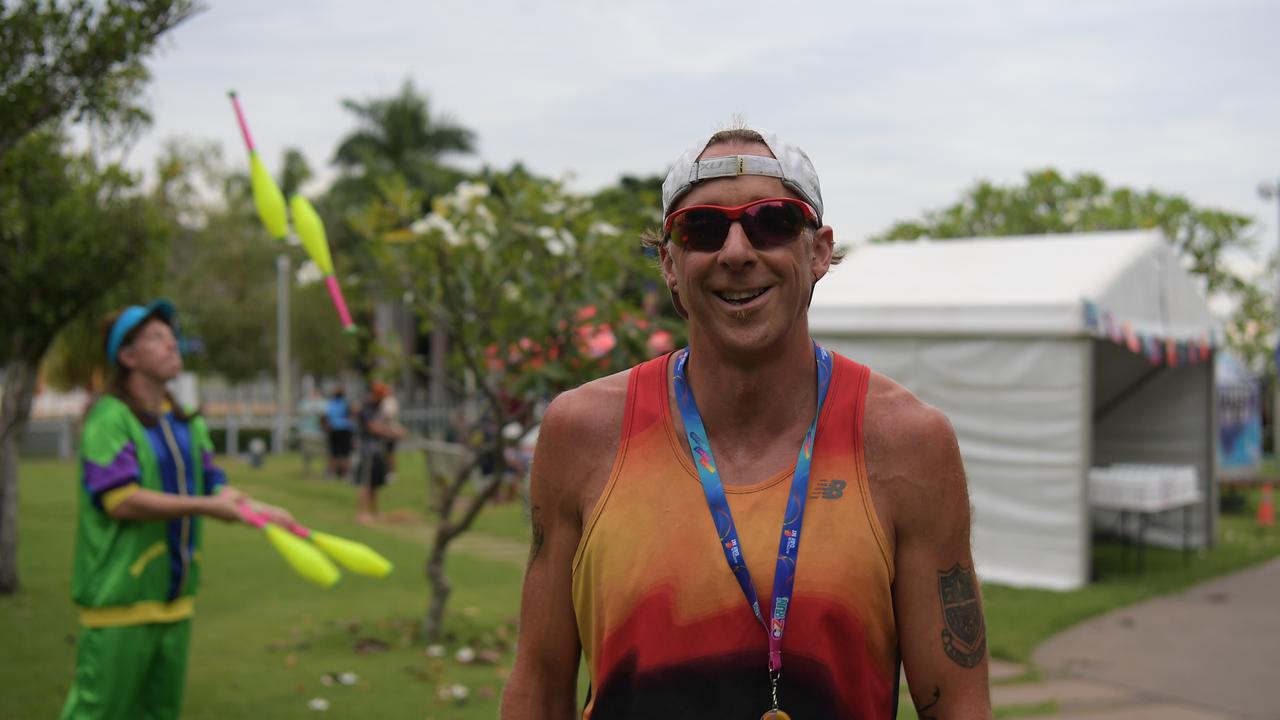 Stuart Evans finishes the Australia Day 2023 fun run at Darwin Waterfront. Picture: (A)manda Parkinson