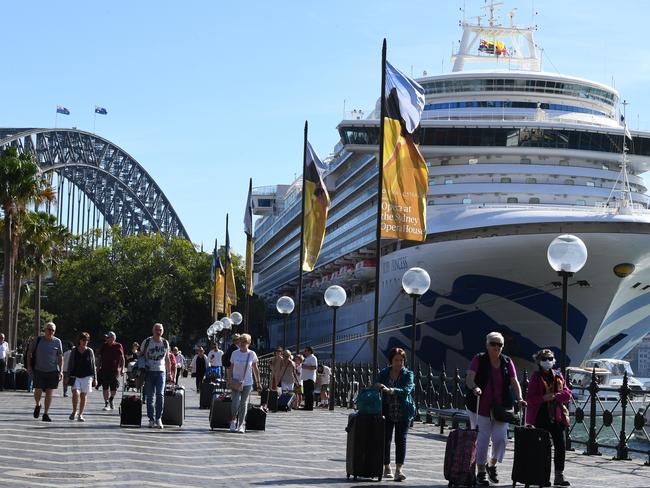 Cruise ship passengers disembark the ship on March 19. Picture: Dean Lewins