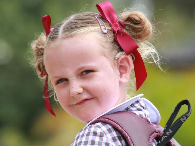 THE MANLY DAILY / AAP 6 Year old Olive O'Hagan is starting schoolSATURDAY 25TH JANUARY 20206 Year old Olive O'Hagan is starting school but has needed a little help to get to this stage after it was found she was partially deaf. She then lost her hearing altogether and has a cochlear implantAAP IMAGE / MARK SCOTT)