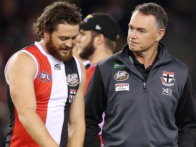 AFL Round 12. 09/06/2018.  St Kilda v Sydney at Etihad Stadium.  St Kilda coach Alan Richardson talks with Jack Steven pre game    . Pic: Michael Klein