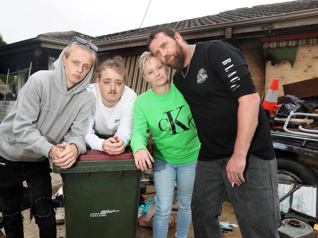 Mum Melanie Menzies with her sons Reece and Jacob Hutchinson and partner Corey Hanson. A Corio family lost their home and all their belongings to a fire. Picture: Alan Barber