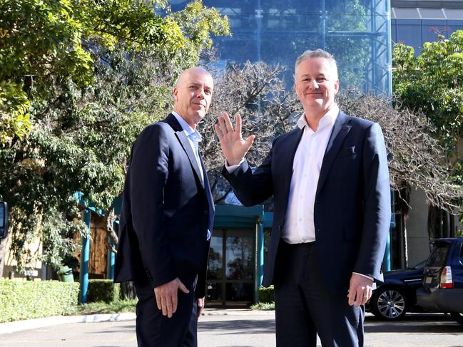 26/07/2018: (L-R) Fairfax CEO, Greg Hywood, with Nine CEO, Hugh Marks at Nine's Willoughby headquarters on Thursday. Nine and Fairfax have announced a historic merger, creating a $4.2 billion company. The combined company will be called Nine and will be headed by current Nine CEO, Hugh Marks. Hollie Adams/The Australian