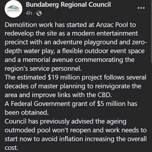 The Bundaberg Regional Council stated work cannot be delayed on the Anzac Pool demolition due to "inflation" impacting costs.