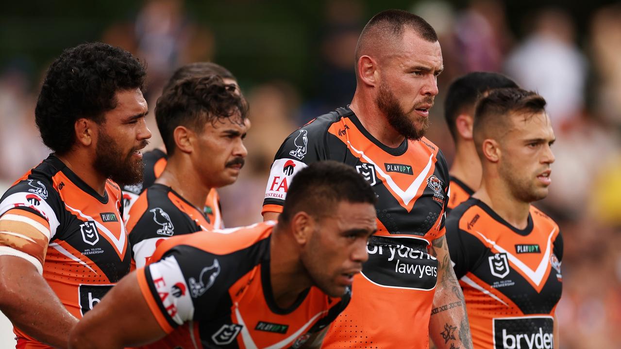 David Klemmer and Wests Tigers teammates look on during the round two NRL match against Newcastle Knights at Leichhardt Oval. Picture: Getty Images