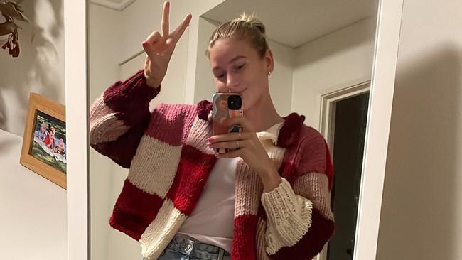 Eleanor Patterson with one of her knitted cardigans. Source: Instagram