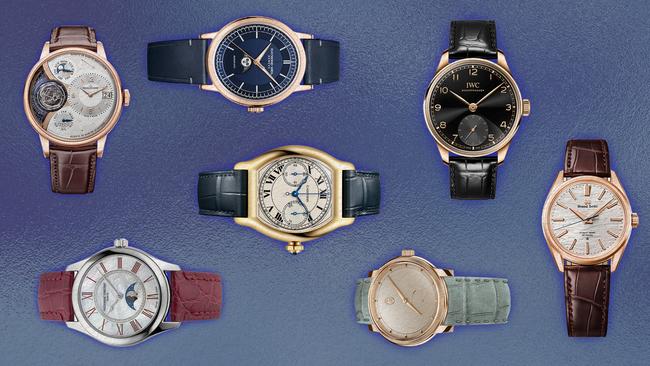 Clockwise from left: Jaeger LeCoultre Duometre Heliotourbillon Perpetual; Raymond Weil Millesime; IWC Schaffhausen Portugieser Automatic Obsidian; Grand Seiko Evolution 9; Parmigiani Fleurier Toric; Cartier Tortue Monopusher Chronograph; Frederique Constant Elegance Luna