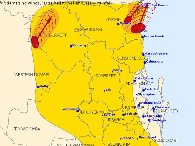 The map showing the path of the storms at 3.30pm. Picture: Bureau of Meteorology