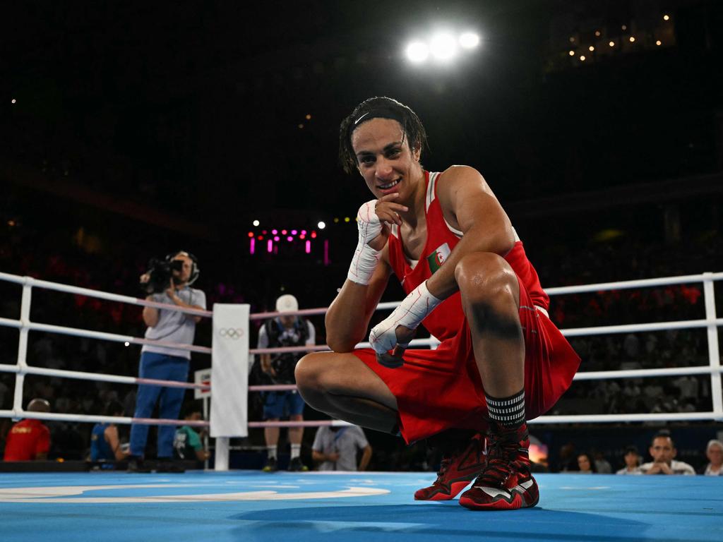 Imane Khelif reacts after beating China's Yang Liu in the women's 66kg final. Picture: AFP