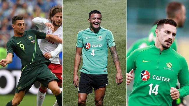 The battle for striker is between: (L-R) Tomi Juric, Tim Cahill and Jamie Maclaren. Picture: Getty