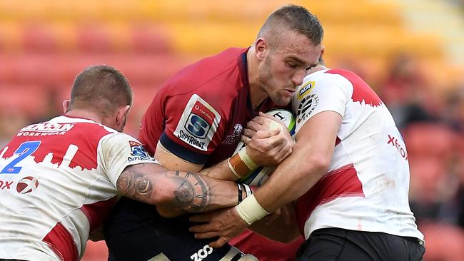 Queensland’s Izack Rodda takes on the Lions defence on Saturday.