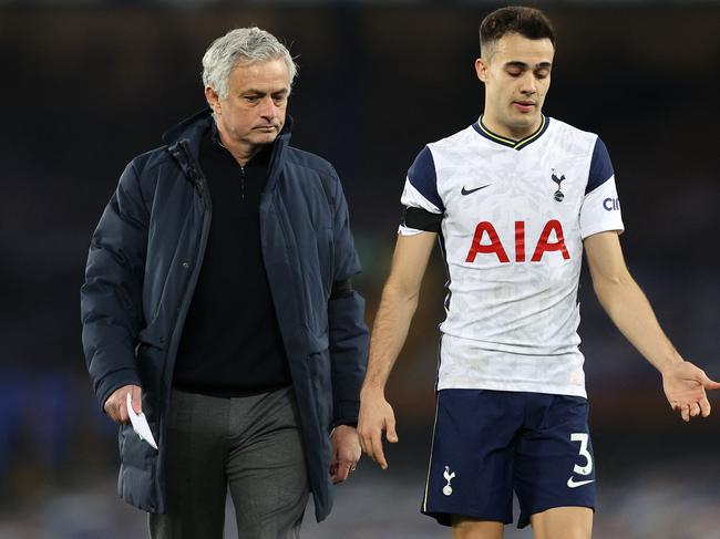 Jose Mourinho with Tottenham Hotspur's Spanish defender Sergio Reguilon.