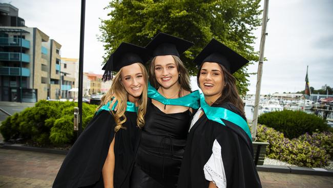 Maddi Muller, Keeley Ortmann and Eleni Moutsatsos. University of Tasmania Graduations. Federation Concert Hall, Hobart. Picture: RICHARD JUPE