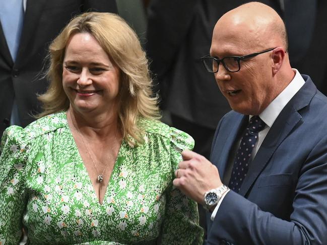 CANBERRA, AUSTRALIA - MAY 11: Kirilly Dutton congratulates Peter Dutton after he delivered his Budget reply in the House of Representatives at Parliament House in Canberra. Picture: NCA NewsWire / Martin Ollman