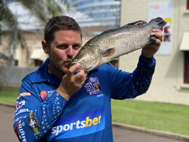 Guy Gibson reeled in a $10,000 Million Dollar Fish barra. Picture: Claudia Sullivan