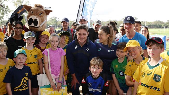 Wallabies captain Michael Hooper and Grace Hamilton of the Wallaroos at the UWA Sports Ground in Perth. Picture: Getty Images