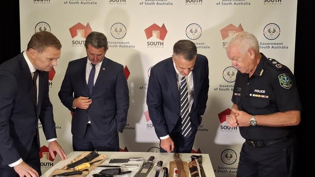 Premier Peter Malinauskas, Attorney-General Kyam Maher, Treasurer Stephen Mullighan and Police Commissioner Grant Stevens discussing proposed new laws to tackle knife crime. Picture: Supplied