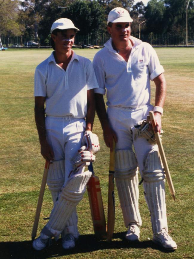 Former SA and Australian cricketer Greg Blewett (left) pictured during his Prince Alfred College cricket days with ex-Sturt Football Club captain Chris Thredgold in 1987. 