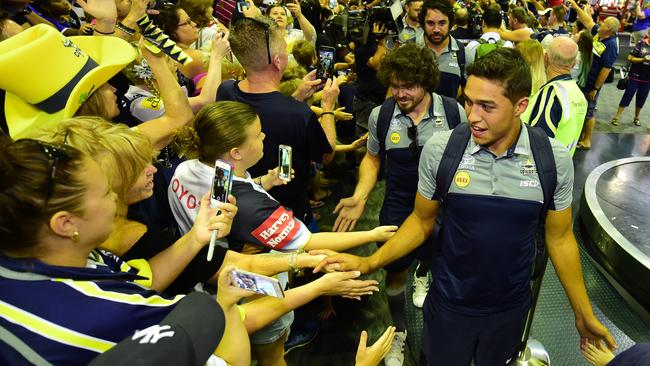 NQ Cowboys return to Townsville after reaching NRL grand final. Jake Granville, Javid Bowen and Te Maire Martin. Picture: Evan Morgan