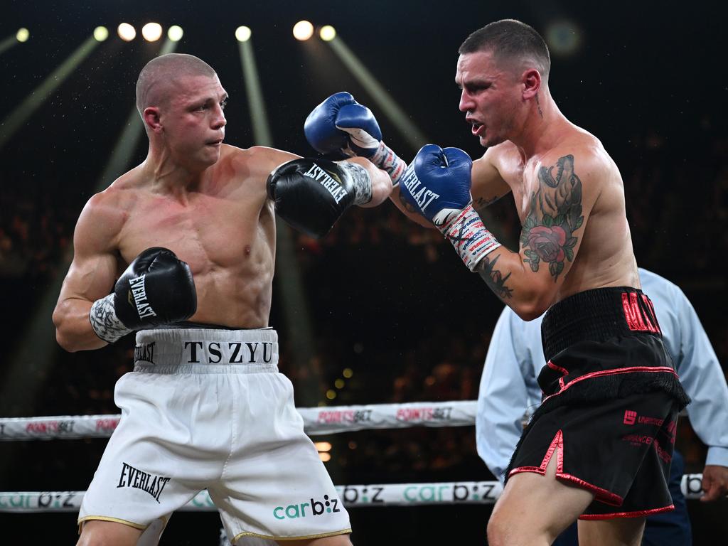 Tszyu (L) hasn’t fought since his entertaining win over Koen Mazoudier in August (R). Picture: Grant Trouville