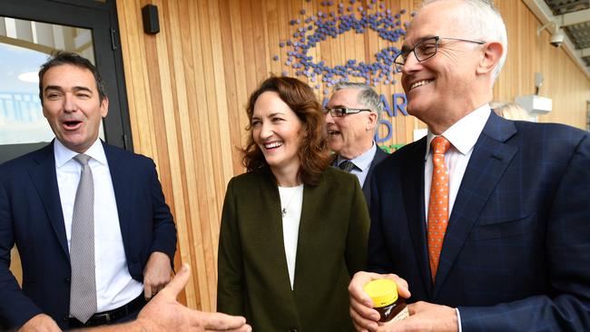 Premier Steven Marshall, Liberal Party Mayo by-election candidate Georgina Downer and Prime Minister Malcolm Turnbull at Kingscote Airport on Kangaroo Island. AAP Image