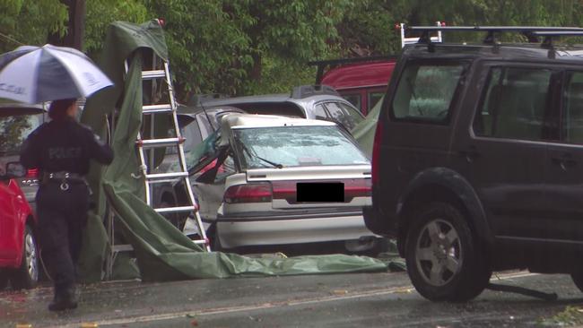 The Toyota Corolla ploughed into parked cars after the collision with the Land Rover. Picture: AAP