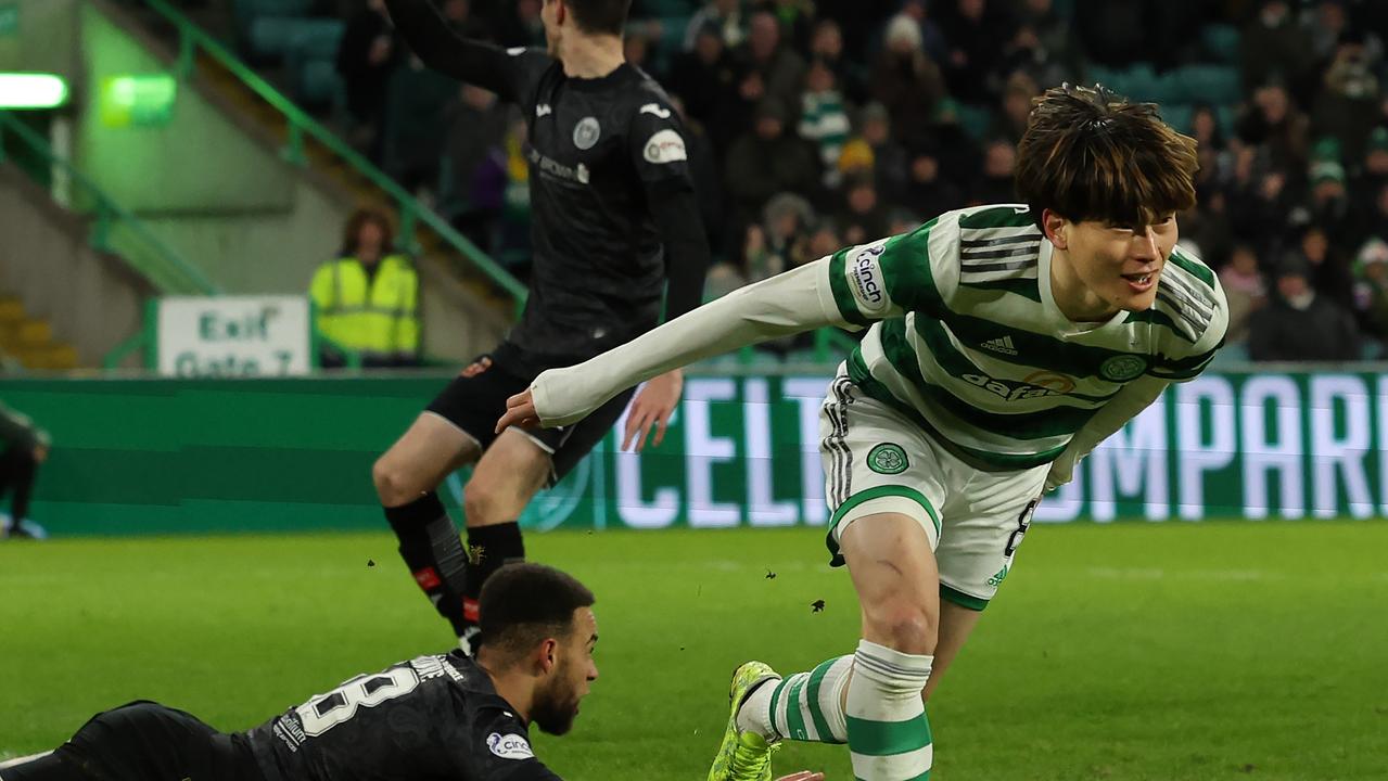 Kyogo Furuhashi of Celtic reacts after he scores his team's third goal during the Cinch Scottish Premiership match between Celtic FC and St. Mirren FC.