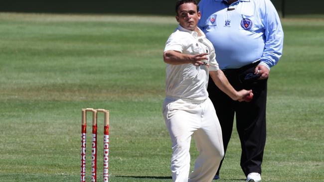 Australian spinner Stephen O'Keefe sends one down in Sydney grade cricket for Manly. Picture: Annika Enderborg