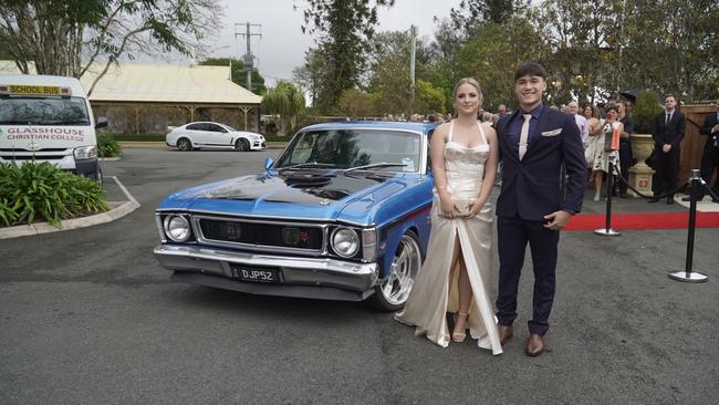 Students arriving in style for the 2024 Glasshouse Christian College formal at Flaxton Gardens.