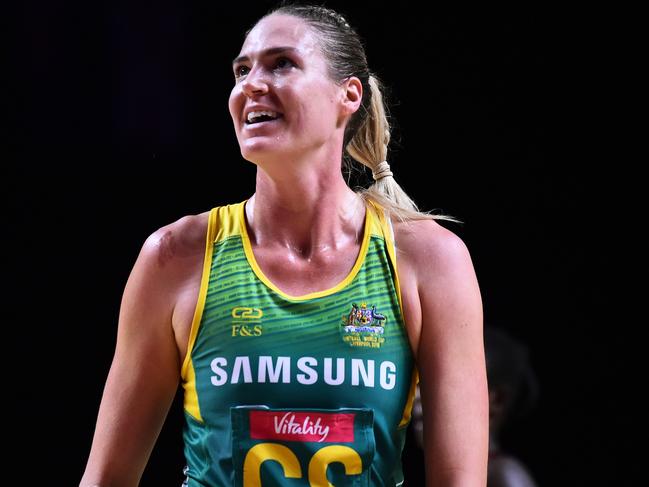 LIVERPOOL, ENGLAND - JULY 16: Caitlin Bassett of Australia looks on during the preliminaries stage two schedule match between Australia and Malawi at M&S Bank Arena on July 16, 2019 in Liverpool, England. (Photo by Nathan Stirk/Getty Images)