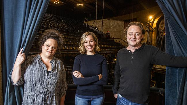 Come From Away cast members, from left, Emma Powell, Zoe Gertz and Simon Maiden are relieved to be getting back on stage. Picture: Aaron Francis