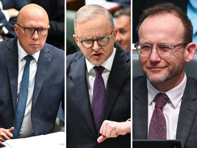 Opposition Leader Peter Dutton, Prime Minister Anthony Albanese and Greens leader Adam Bandt