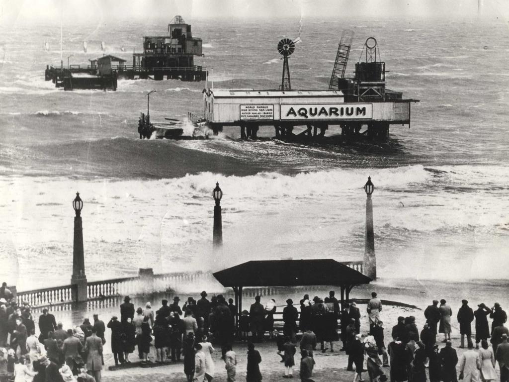 Photos of the damage from storms which lashed Glenelg beach on April 11, 1948. Picture: Holdfast Bay History Centre.