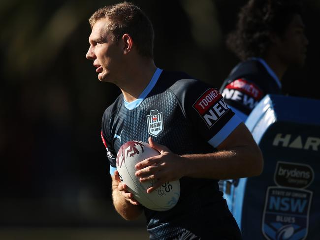 SYDNEY, AUSTRALIA - JUNE 04:  Tom Trbojevic takes part in a drill during a New South Wales Blues State of Origin training session at Redfern Oval on June 04, 2021 in Sydney, Australia. (Photo by Matt King/Getty Images)