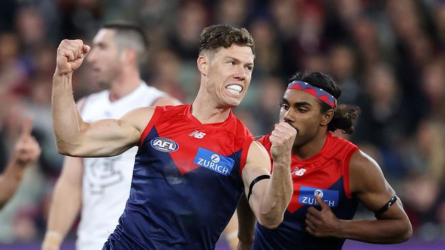 2022 AFL Football Round 22 - Melbourne Demons V Carlton Blues at the MCG. Jake Melksham celebrates a goal. Picture: Mark Stewart