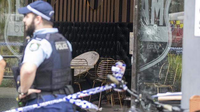 Bullet holes and overturned tables could be seen at the Auburn gym following the Zahed shooting. Picture: Liam Mendes