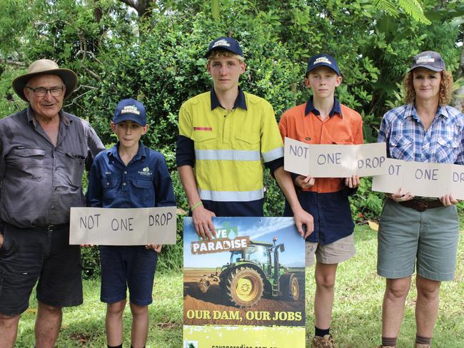 Several generations of Bundaberg farmers are calling on commitments to the future of water security in the region. From left: Joe Russo, Enzo Russo, Mark Plath, Jayden Van Rooyen and Judy Plath.