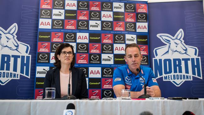 North Melbourne President Dr Sonja Hood and Alastair Clarkson speak to the media.