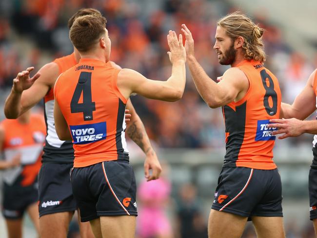 The Giants celebrate another first-half goal.