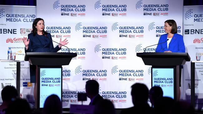 Annastacia Palaszczuk and Deb Frecklington debate at the Media Club today. Photo: Dan Peled