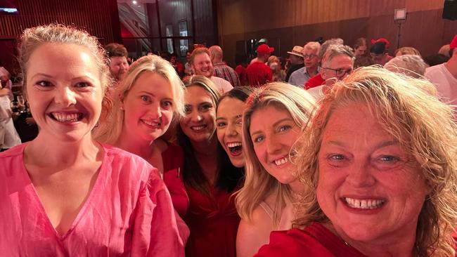 New Labor MPs Nadia Clancy, Lucy Hood, Rhiannon Pearce, Olivia Savvas and Erin Thompson with existing MP Nat Cook at the party’s election night party. Picture: Nat Cook