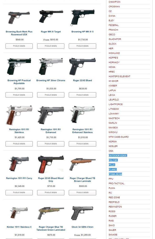 A selection of the handguns available at O’Reilly’s Firearms. Picture: O’Reilly’s Firearms