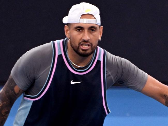 TOPSHOT - Novak Djokovic of Serbia (R) and Nick Kyrgios of Australia react during their men's doubles match against Michael Venus of New Zealand and Nikola Mektic of Croatia at the Brisbane International tennis tournament in Brisbane on January 1, 2025. (Photo by William WEST / AFP) / --IMAGE RESTRICTED TO EDITORIAL USE - STRICTLY NO COMMERCIAL USE--