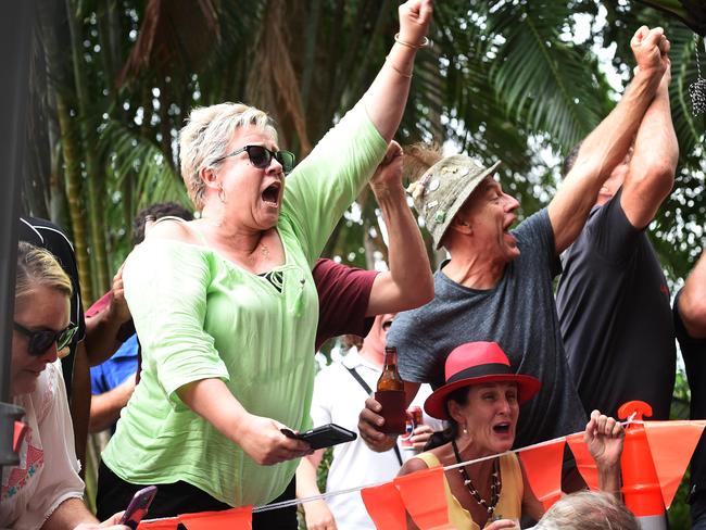 Fans celebrate as there auctioned frog ‘Cracker’ places second overall during this years Noonamah Tavern Frog Race. PICTURE: Justin Kennedy