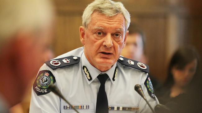 SA Police Commissioner Mal Hyde faces the Budget and Finance Committee at Parliament House in Adelaide.