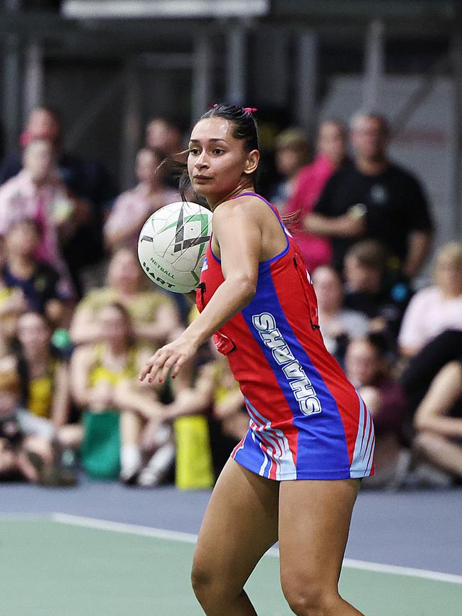 Michaela Kadlecek was strong for the Sharks in the Cairns Netball Division 1 grand final match between the WGC Sharks and the Cairns Leprechauns. Picture: Brendan Radke