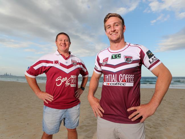 Past and present Burleigh players Dean Allen and Josh Berkers ahead of Sunday’s Intrust Super Cup grand final. Picture: Tim Marsden