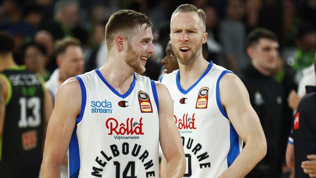 Jack White (L) and David Barlow (R) celebrate the win over South East Melbourne. Picture: Daniel Pockett/Getty Images